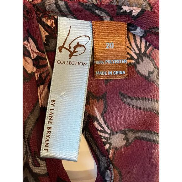 Lane Bryant Sheer Blouse Ruffle Neck Smocked Bodice Floral Burgundy Sz 20 - Picture 2 of 11